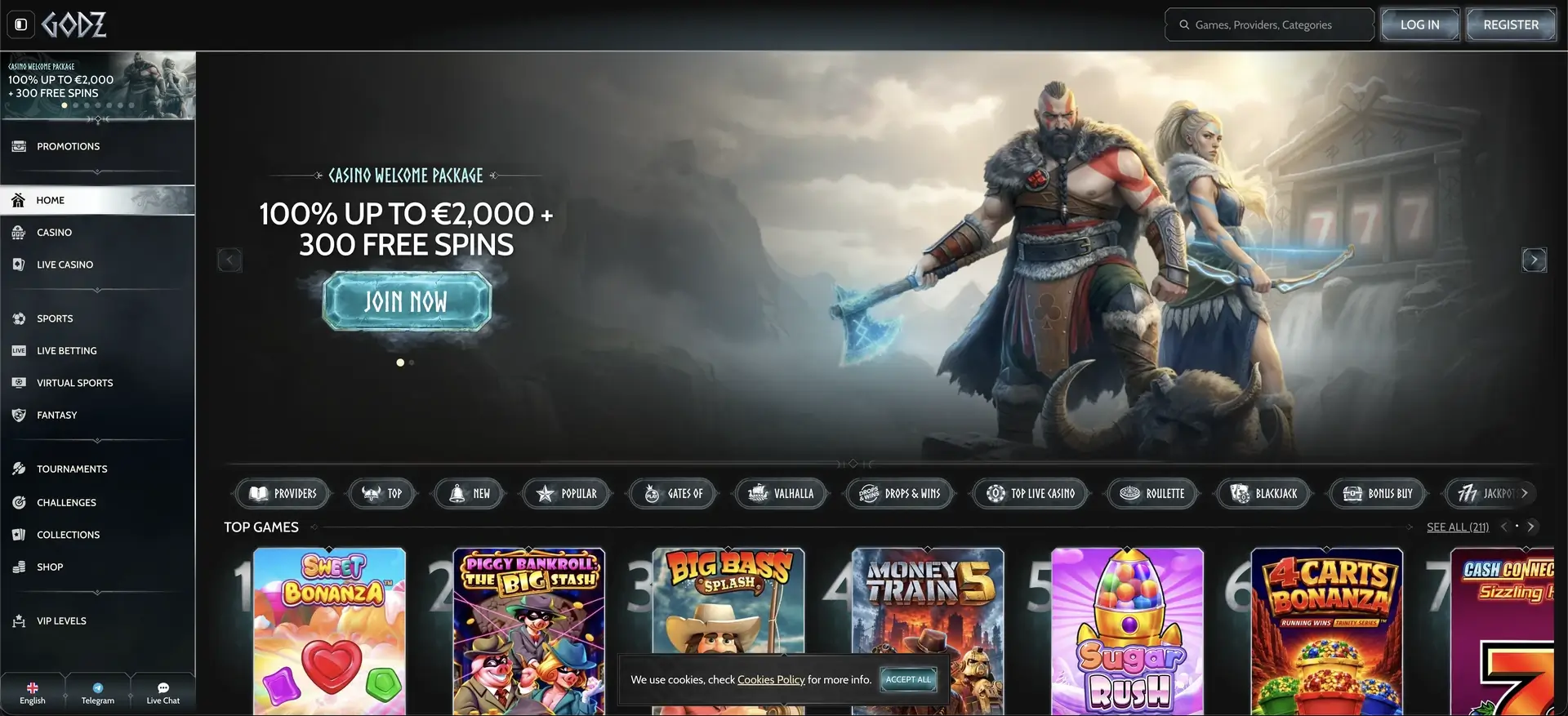 Startseite des Godz Casino